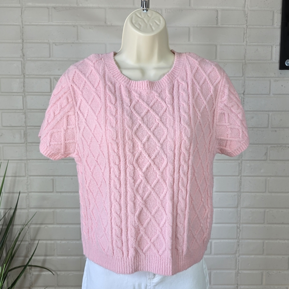 Blue Rain Light Pink Cable Knit Short Sleeve Sweater Large